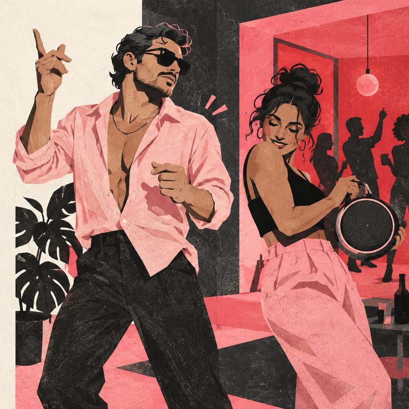 Freestyle scene concept with a pink-shirt lead, a speaker holder and red doorway